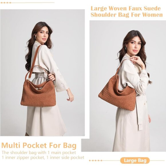 Woven Suede Hobo Bag for Women, Fall Woven Purse Slouchy Shoulder Crossbody Bag, - Picture 3 of 7
